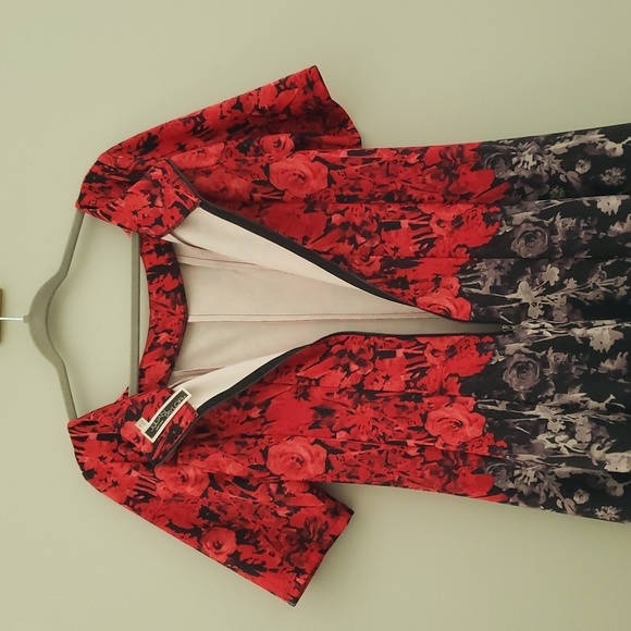 Julian Taylor Midi Dress 16 Red Black Gray Roses A-Line Wedding Guest Church - Picture 8 of 14